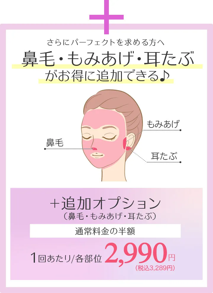 追加オプション（鼻毛・もみあげ・耳たぶ）通常料金の半額 1回あたり/各部位 2,990円