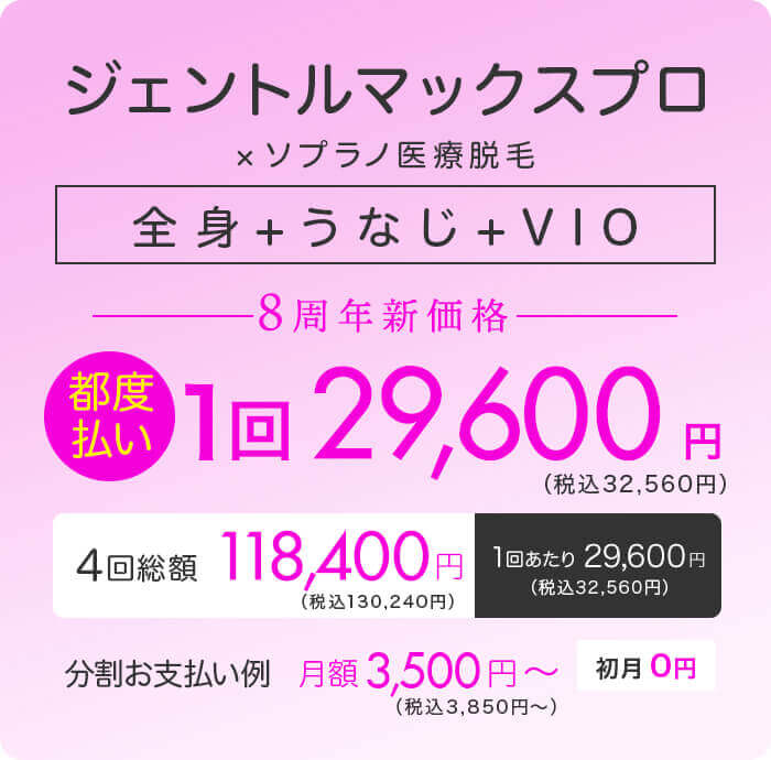 ジェントルマックスプロ×ソプラノ 全身+うなじ+VIO 医療脱毛 都度払い1回29,600円 4回総額118,400円